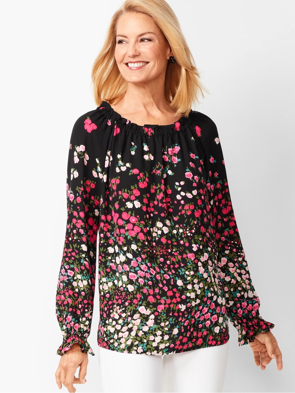 Talbots Black Floral Pensant Smocked Blouse with Pink and Cream Blossoms Medium